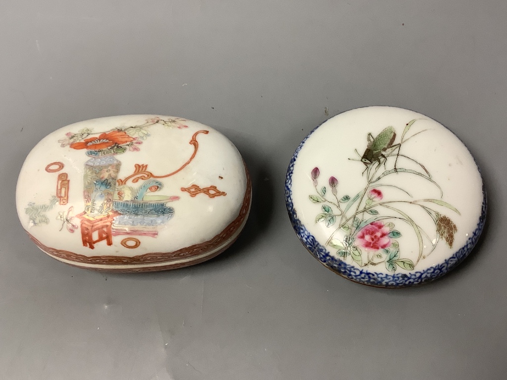 A Chinese famille rose seal paste box and an oblong box and cover, both Republic period